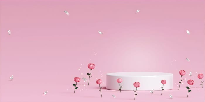 Abstract mock up scene. geometry podium shape for display product, pink balloon, pink rose, present and advertising. valentine heart love wedding concept. 3D rendering illustration.