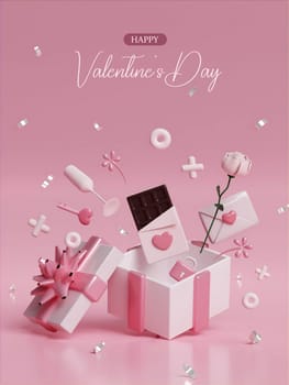 Valentine's day design. Realistic red gifts boxes. Open gift box full of decorative festive object. Holiday banner, web poster, flyer, stylish brochure, greeting card, cover. Romantic background.