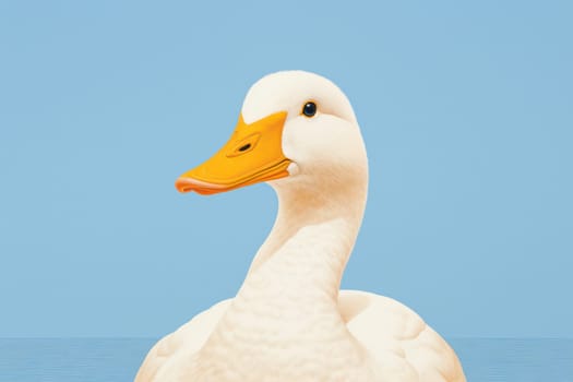 Graceful Beauty: Close-up Portrait of a White Domestic Duck with Orange Beak and Feathers, Against a Green Background, Reflected in the Tranquil Pond