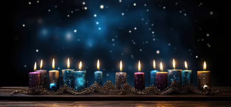 Festive, Romantic Christmas Celebration: Decorative Candlelight in the Dark Night, a Symbol of Happiness and Consolation, with Glowing Flames on a Black Background