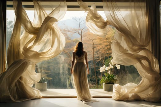 Morning Elegance: A Sensual Female Beauty Standing by the Window in a White Dress, Embracing Nature's Serenity and Calmness