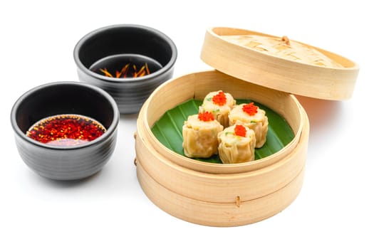 Shumai with shrimp and mushrooms, a traditional Chinese dumpling often served with dim sum