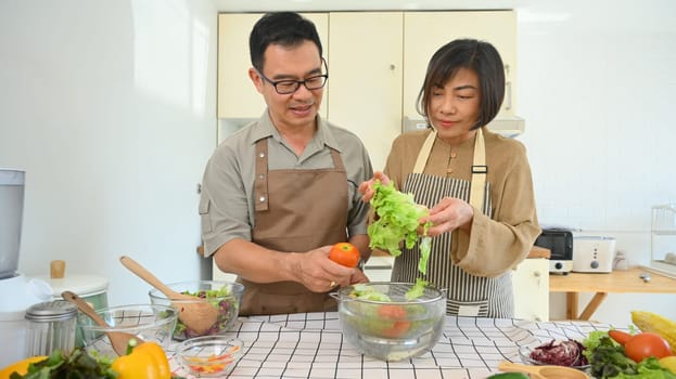 Beautiful Asian senior couple preparing fresh organic vegetables for salad. Healthy eating concept