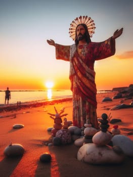 Sculpture of Jesus Christ made of pebbles at the beacj at sunset, asking for peace stop war concept ai generated