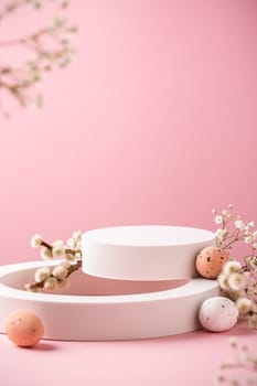 Composition with empty white podiums for products presentation or exhibitions on pink background with Easter quail eggs. Trend Concept with copy space.