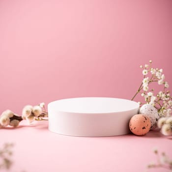 Abstract empty white podiums for products presentation or exhibitions on pink background with Easter quail eggs. Trend Concept with copy space.