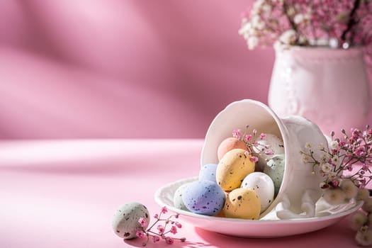 White porcelain coffee cup with colorful quail eggs and spring flowers over pink background. Springtime and Easter holiday concept with copy space