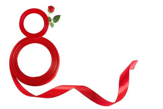 Number 8 from the ribbon greeting card design with beautiful red rose on white background, flat lay and space for text. International Women's day.