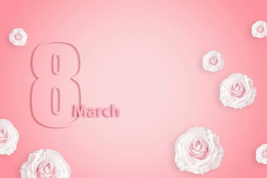 8 March greeting card design with beautiful white roses on gently pink background, flat lay and space for text. International Women's day.