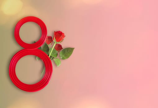 Number 8 from the ribbon greeting card design with beautiful red rose on colorful background, flat lay and space for text. International Women's day.