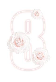 Number 8 from the ribbon greeting card design with beautiful white roses on gently pink background, International Women's day.