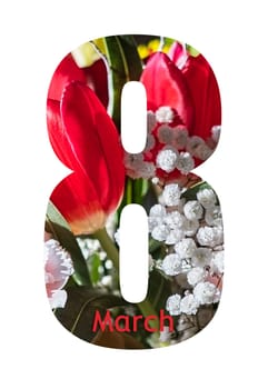 Number 8 greeting card design with beautiful flowers on white background. International Women's day.