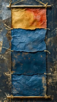 Three vertical hanging banners with frayed edges, in gradient colors from gold to red to blue, suspended by ropes on a weathered stick against a grungy dark blue background. vertical
