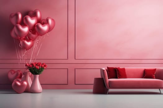 A romantic themed living space featuring a modern pink sofa with red cushions, heart-shaped balloons, and a vase of red roses against a monochromatic pink wall.