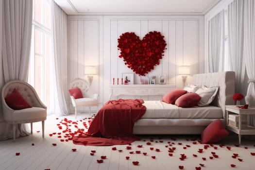 A sumptuous bedroom decorated for Valentine's Day, featuring a grand heart made of roses above the bed, with rose petals scattered elegantly on the floor.