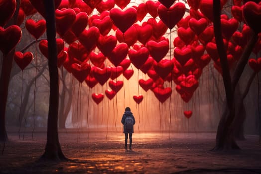 A lone person stands in contemplation under a canopy of heart-shaped balloons in a mystical, fog-enshrouded forest, creating an atmosphere of solitude and reflection.