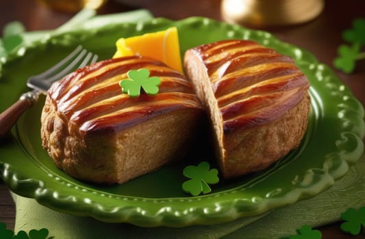 St. Patrick's Day concept. Two meat steaks on a green plate. Decoration of green clover leaves. Irish tradition. Close-up.