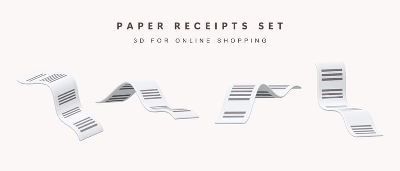 3d Set of paper receipt for shopping online concept. icon isolated on white background. 3d rendering illustration. Clipping path..