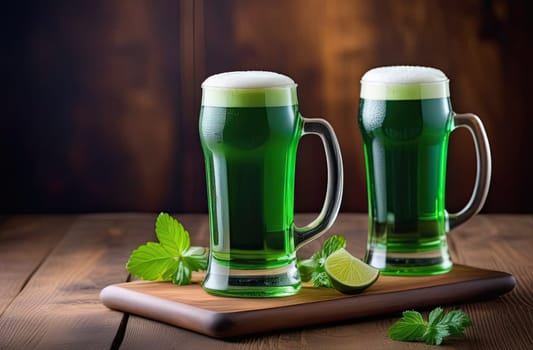 St. Patrick's Day, concept. Two glasses of green beer with foam stand on a wooden board on the table, next to there is a decoration of green mint and lime. close-up.