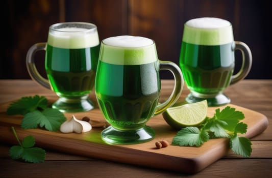 St. Patrick's Day, concept. Three glasses of green Irish beer with foam stand on a wooden board on the table, next to there is a decoration of green mint and lime. close-up.