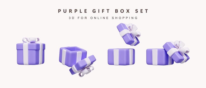 3d Set of purple gift box for shopping concept. icon isolated on white background. 3d rendering illustration. Clipping path..