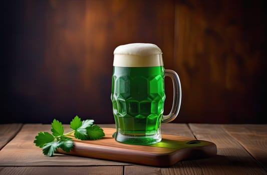 St. Patrick's Day, concept. One glass of green Irish beer with foam on a wooden board on the table, next to it is a green parsley decoration. close-up.