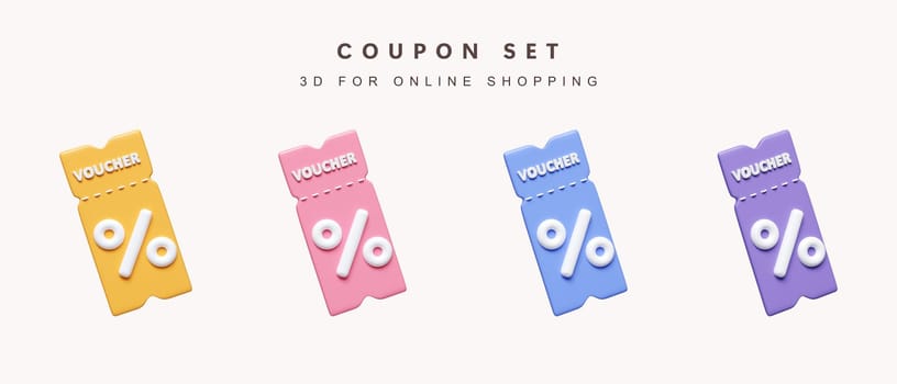 3d Set of color coupon discount for shopping online concept. icon isolated on white background. 3d rendering illustration. Clipping path..