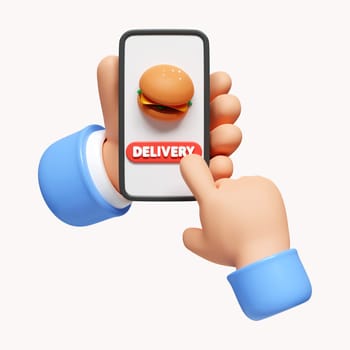 Hand holding mobile smart phone with delivery food app. Order food online. icon isolated on white background. 3d rendering illustration. Clipping path..
