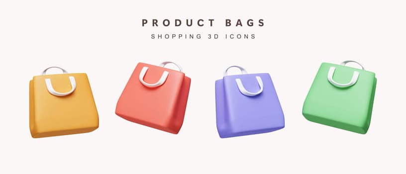 3d Set of color shopping bag for shopping concept. icon isolated on white background. 3d rendering illustration. Clipping path..