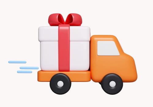 3d gift on truck. fast delivery concept. delivery success. quick delivery service. icon isolated on white background. 3d rendering illustration. Clipping path..