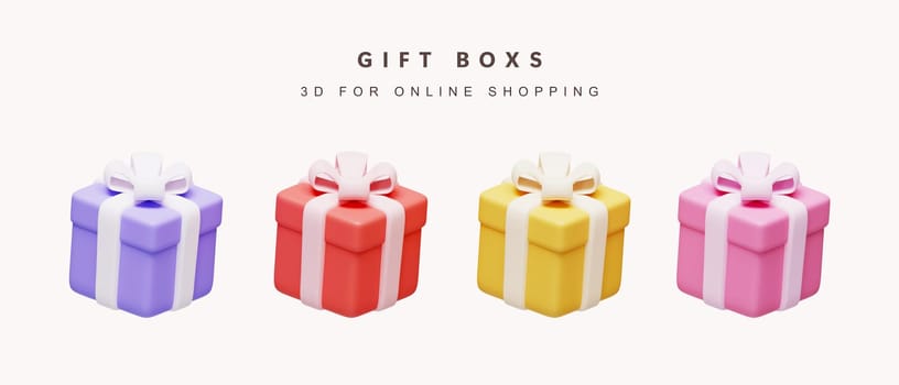 3d Set of color gift box for shopping concept. icon isolated on white background. 3d rendering illustration. Clipping path..