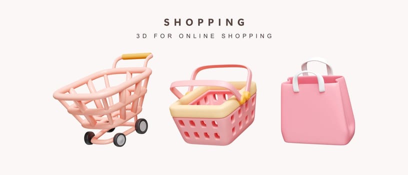 3d cart, basket and shopping bag. Set for shopping concept. icon isolated on white background. 3d rendering illustration. Clipping path..