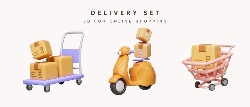 3d Set of delivery for shopping online concept. icon isolated on white background. 3d rendering illustration. Clipping path..