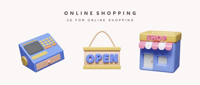 3d Set of shopping online concept. icon isolated on white background. 3d rendering illustration. Clipping path..