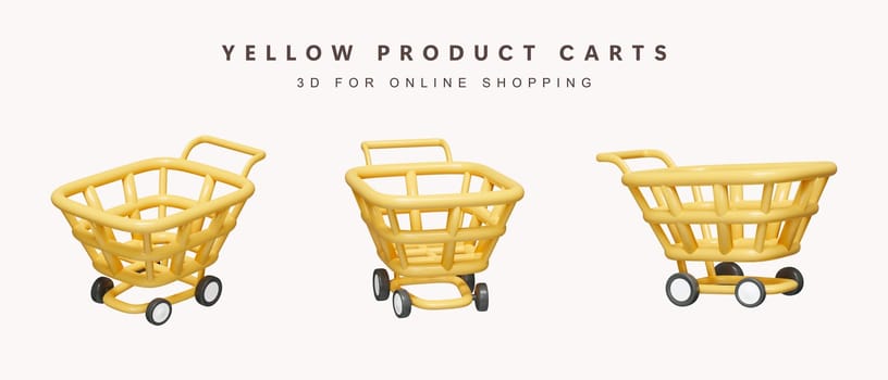 3d Set of yellow product cart for shopping concept. icon isolated on white background. 3d rendering illustration. Clipping path..