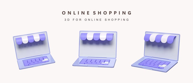 3d Set of store on laptop for shopping online concept. icon isolated on white background. 3d rendering illustration. Clipping path..