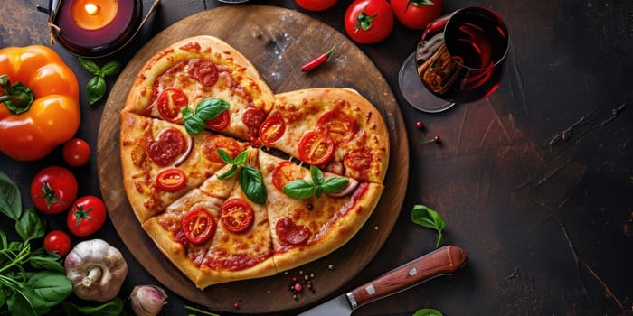 Heart shaped pizza for Valentines day on dark rustic wooden background pragma