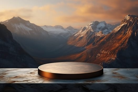 Bronze 3d podium on a rock. Round podium, stage against the backdrop of a sunset. Podium, stage for product presentation.