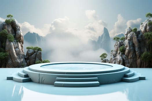 Blue 3D podium for product presentation against a background of mountains and clouds.
