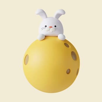 3d rabbit on the moon . Mid autumn festival. icon isolated on yellow background. 3d rendering illustration. Clipping path..