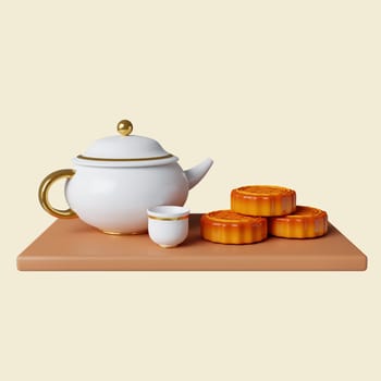 3d tea and mooncake set. Mid autumn festival. icon isolated on yellow background. 3d rendering illustration. Clipping path..