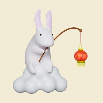 3d rabbit holding chinese lanterns . Mid autumn festival. icon isolated on yellow background. 3d rendering illustration. Clipping path..