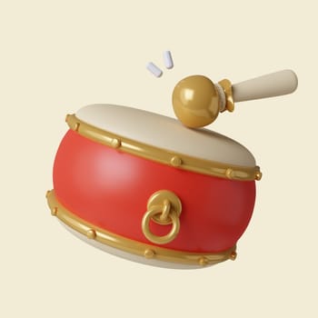 3d drum. Mid autumn festival. icon isolated on yellow background. 3d rendering illustration. Clipping path..