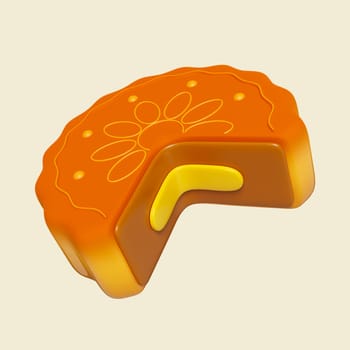 3d mooncake. Mid autumn festival. icon isolated on yellow background. 3d rendering illustration. Clipping path..