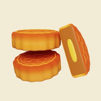 3d mooncake. Mid autumn festival. icon isolated on yellow background. 3d rendering illustration. Clipping path..