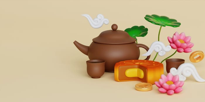 3d cute tea and mooncake with lotus and cloud on yellow background. Chinese palace aside. Translation: Happy mid autumn festival. 3d render.