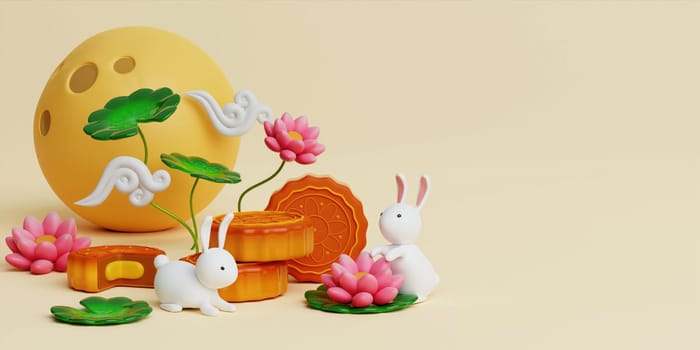 3d cute rabbits and baked mooncake with lotus, full moon on yellow background. Chinese palace aside. Translation: Happy mid autumn festival. 3d render.