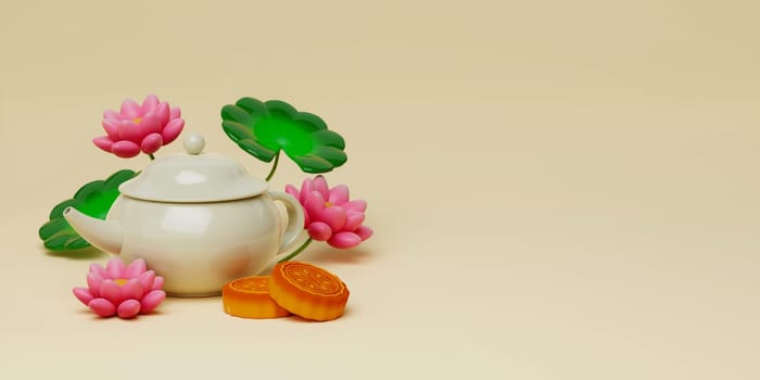 3d cute tea and mooncake with lotus and cloud on yellow background. Chinese palace aside. Translation: Happy mid autumn festival. 3d render.