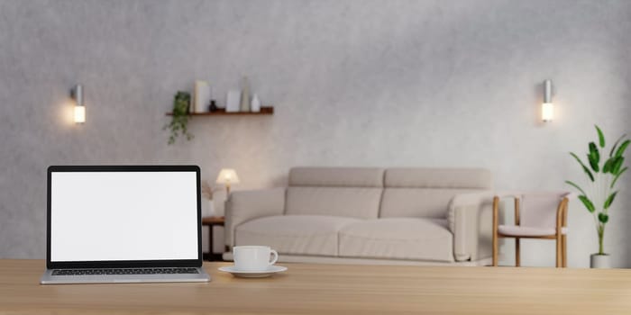 A desk with a laptop mockup with a blurred modern living room in the background. 3d render illustration.