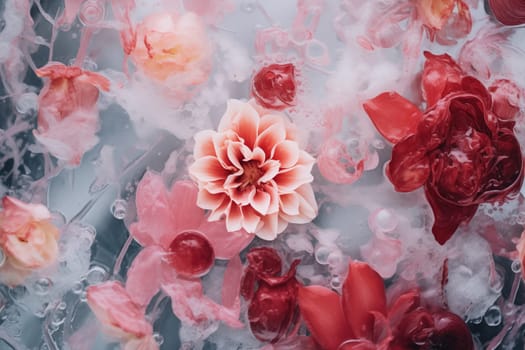 abstract background of close up of pink and red frozen flowers in ice. High quality photo